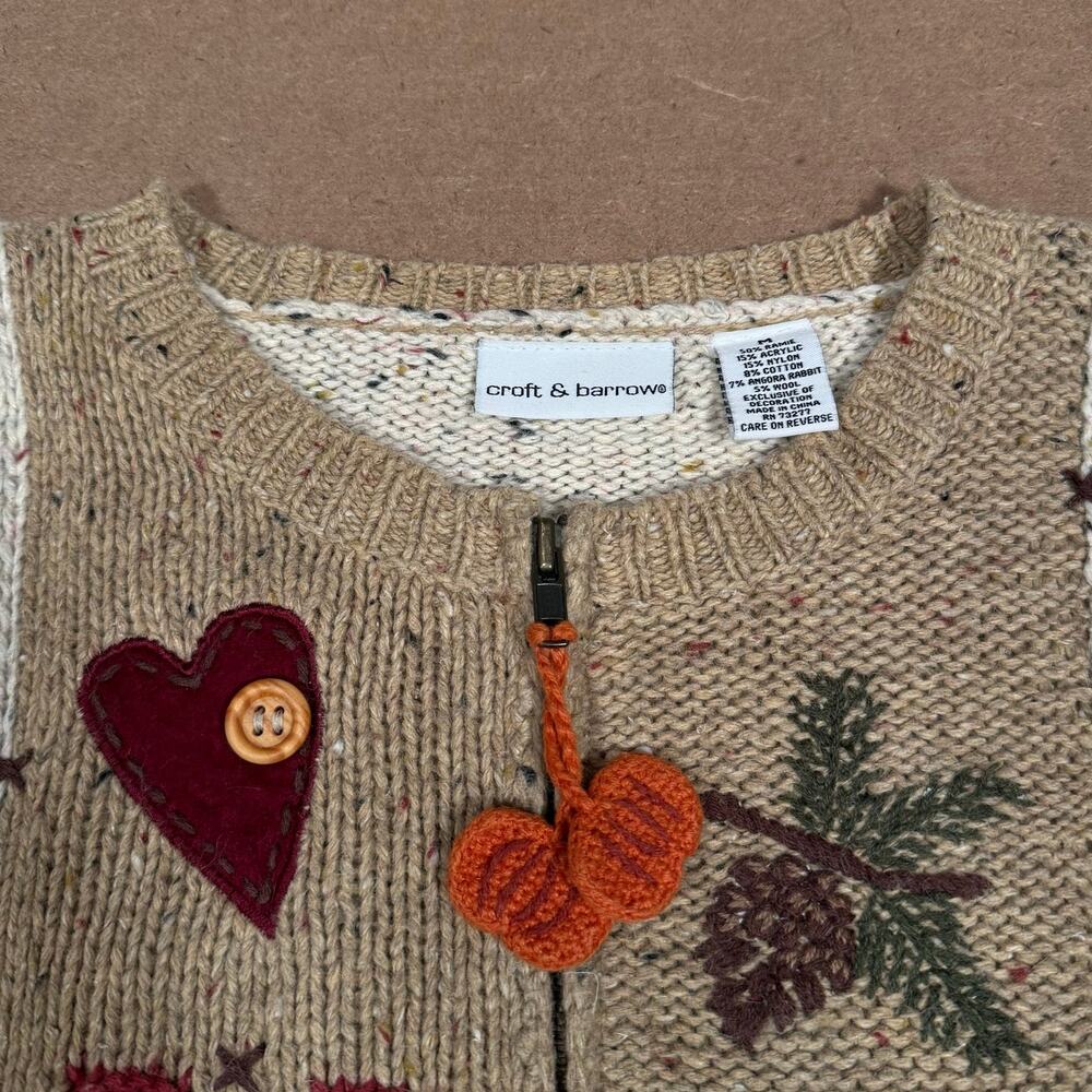 Vintage Autumn Harvest Patchwork Knit Zip Sweater Pumpkin Bird Cottagecore - Picture 5 of 8